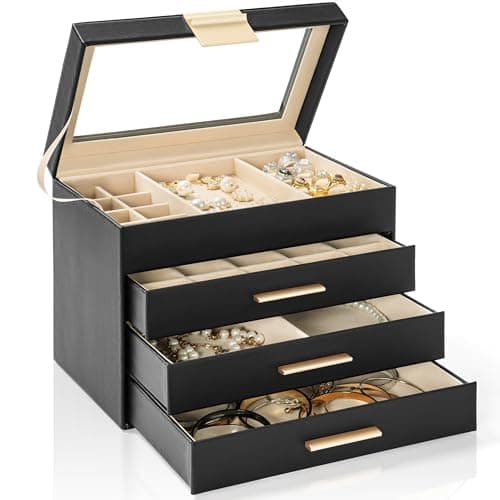 AKOZLIN 4-Tier Jewelry Box with Clear Glass Lid Functional Leather Jewelry Storage Organizer Case 3 Drawers for Women Girls Necklace Ring Bracelet Earring Black - Image 1
