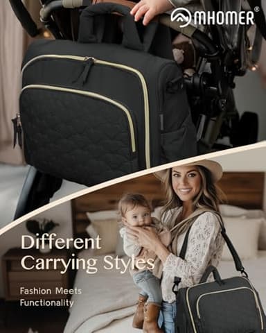MHOMER Diaper Bag Backpack Puffer Lightweight 3 in 1 Wide Open Small Diaper Bag Tote for Travel with Changing Pad Shoulder Straps, Black - Image 2