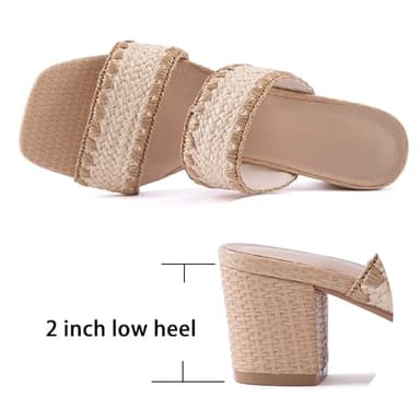 N.N.G Women Heels Sandals Straw Braided Beige size 9 Low Block Dressy Mules Chunky Comfortable Summer Two Strap Leather Square Open toe Short Slide - Image 3