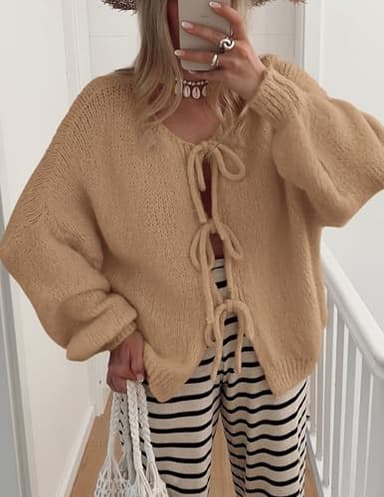 PRETTYGARDEN Women's Tie Front Bow Cardigan Sweaters Chunky Knit Long Puff Sleeve Trendy Fall Winter Jacket Coats (Camel,Medium) - Image 6