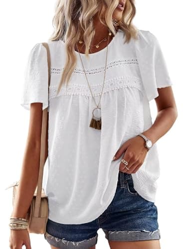Falechay Plus Size Tops for Women Keyhole Button with Elastic Loop Dressy Casual Crewneck Flowy Blouses Summer Boho Shirts White 3XL - Image 1