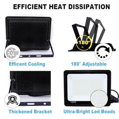 100W Flood Light Outdoor, 9500LM Floodlight Super Bright (800W Halogen Equivalent) Security Lights Outside, IP66 Waterproof, 6500K White Wall Mount Exterior LED Flood Light, CRI 90+, 2 Pack - Image 7