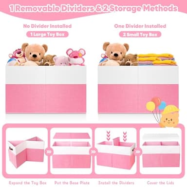 Mabahoo Large Toy Box, Collapsible Sturdy Storage Organize Chest Boxes With Lids, 25"x13"x16" Kids Toy Chest Bin Baskets for Living Room, Bedroom, Nursery, White & Pink - Image 6
