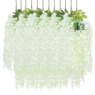 12 Pack Wisteria Hanging Flowers, 45 in /3.7ft Artificial Vine Hanging Flowers for Decoration, Fake Long Rattan Hanging Garland Silk Flowers String for Wedding, Garden, Bedroom, Home Decor - White - Image 1