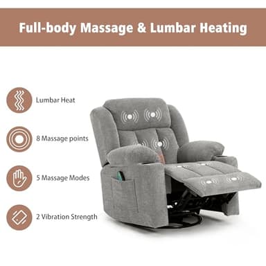 Ketaiyou Rocker Swivel Recliner Chair for Adults, Overstuffed Large Manual Recliner Glider with Massage and Heat, Comfy Soft Fabric Living Room Reclining Sofa Chair(Lime Gray) - Image 3