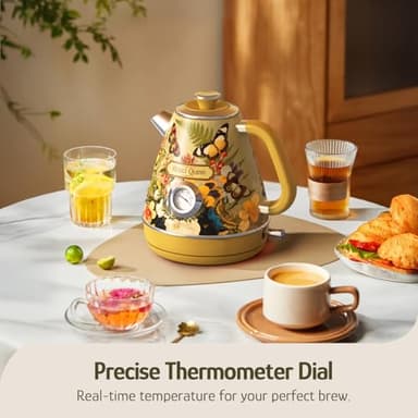 Hazel Quinn X Eduardo Recife Electric Kettle - 1200W Fast Water Boiling, 1.7L/57oz, All 304 Stainless Steel Interior, BPA-Free, Auto Shut-Off, Cordless Retro Teapot with Thermometer - Floral Patterned - Image 4