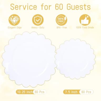 LIYH 120 Pcs White Plastic Plates Wedding Plates Disposable Heavy Duty Scalloped Plastic Plate Includes: 60 Dinner 10.25" & 60 Dessert Plate 7.5" Elegant Gold Rim Suitable for Bridal Shower Party - Image 9