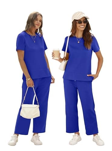 XIEERDUO Summer Sweatsuit for Women Two Piece Summer Outfits 2 Pc Lounge Set Spring Short Sleeve Tracksuit Wide Leg Loungewear Vacation Clothes Women's Track Suit Blue XL - Image 4