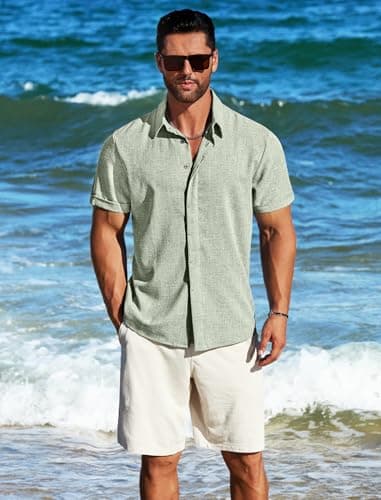 MAPICK Men's Casual Button Down Shirt Short Sleeve Rayon Linen Untucked Shirts Beach Wedding Fashion Summer Clothes(A-Sage Green,X-Large) - Image 3