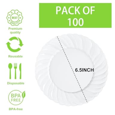 U-QE 100 Pieces White Plastic Plates - 6 Inch White Disposable Plates - Washable & Reusable - Premium Hard Dessert Plates - Party Supplies for Birthdays, Celebrations, Travel, Wedding,Party and Events - Image 2