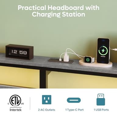 Bestier Queen Bed Frame with Storage Headboard and Charging Station, Grey Platform Bed Frame with LED Light, Non-Slip Metal Bed Frame, Noise-Free, Easy Assembly - Image 4