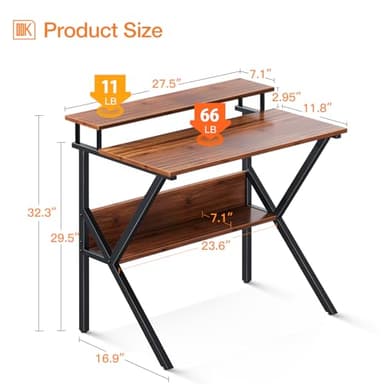 ODK Small Desk, 27.5 Inch Computer Desk for Small Spaces, Compact Desk with Storage, Study Table with Monitor Stand for Home Office, Deep Brown - Image 3