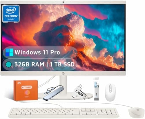 HP All in one Desktop PC with Office Lifetime License, 21.5" FHD Display, 32 GB RAM, 1 TB SSD, Intel Celeron J4025, Webcam, Intel Graphics, Wi-Fi 6, Bluetooth, HDMI, Windows 11 Pro w/RH- Accessories - Image 1