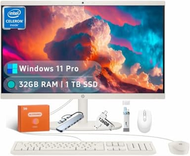 HP All in one Desktop PC with Office Lifetime License, 21.5" FHD Display, 32 GB RAM, 1 TB SSD, Intel Celeron J4025, Webcam, Intel Graphics, Wi-Fi 6, Bluetooth, HDMI, Windows 11 Pro w/RH- Accessories - Image 1