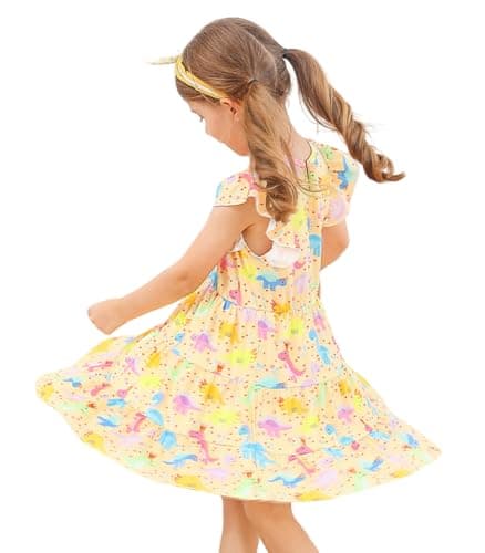 Kimoda Toddler Dinosaur Summer Dress for Girls 2t A-Line Tiered Swing Dresses Yellow Dress for Girl 3t - Image 1