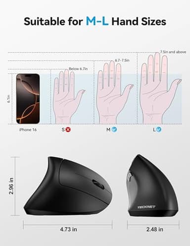 TECKNET Ergonomic Mouse, Rechargeable 2.4G+Bluetooth Vertical Mice 6 DPI Adjustable, Wireless Optical Carpal Tunnel Mouse for Right Hand, Silent 6 Buttons for Laptop, PC, MacBook, iPad - Black - Image 5