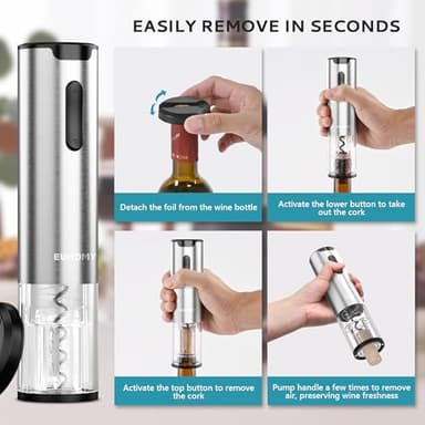 EUHOMY Electric Wine Opener with Charging Base, Wine Aerator Pourer and Foil Cutter, Stainless Steel Automatic Corkscrew Opener with Wine Vacuum Stopper, Fine Set for Wine Lovers - Image 4