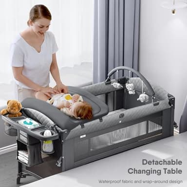 Obee Odee 4 in 1 Baby Bassinet, Pack and Play, Bedside Crib Sleeper, Diaper Changer - Comes with Mattress, Mosquito Net，Bottom Storage and Toy Bar for Newborn to Toddles - Image 3