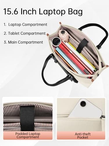 MATEIN Laptop Tote Bag for Women, 15.6 Inch Laptop Commuter Tote Insulated Lunch Bag, Waterproof PU Leather Work Purse with lunch Box compartment for Work Business Picnic Teacher Casual Office, Beige - Image 4
