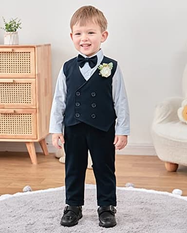 YALLET Toddler Baby Boy Clothes Suit Gentleman Wedding Outfits, Formal Dress Shirt+Bowtie+Vest+Boutonniere+Suspender Pants(V Navy Blue, 2-3T) - Image 2