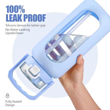 BLUEGO 64oz Glass Water Bottle with Handle and Straw, Motivational Sports Water Bottle with Time Marker and Silicone Sleeve Leakproof Drinking Bottle for Travel Gym Workout, Light Blue - Image 3
