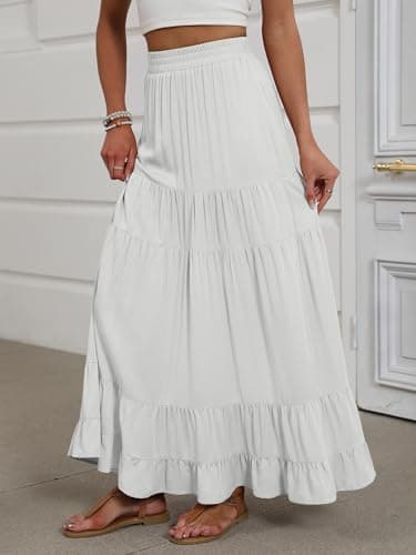 ANRABESS Womens Maxi Skirt Elastic High Waist Swing Tiered A-line Flowy Pleated Boho Beach Vacation Long Skirts White X-Large - Image 3