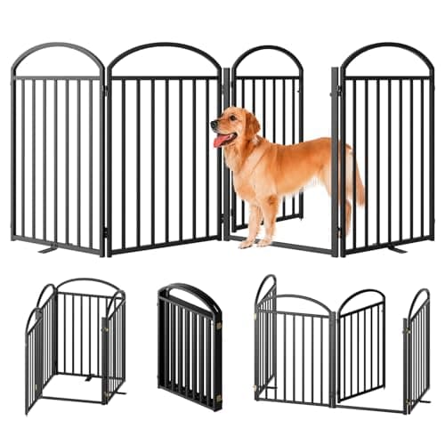 SNUOWU 4 Panles Full Matel Freestanding Dog Gates with Door, 96"Extra Wide 32"Tall Free Standing Dog Pet Gate for Indoor & Outdoor. Foldable Pet Fences for Doorways, House, Stairs, Porch, Deck, Yard - Image 1