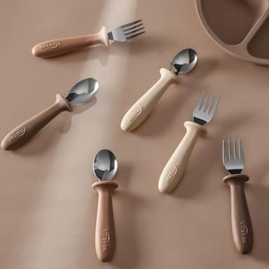 6 Pieces Toddler Utensils, Children Silverware Set with Silicone Handle, Kids Safe Spoons and Forks, Dishwasher Safe, 18/8 Stainless Steel, Food-grade Silicone，BPA Free - Tan - Image 4