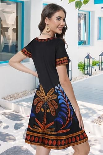 Summer Dresses for Women Casual Short Sleeve Loose Beach Cover Up Scoop Neck Floral Sundress with Pockets(Black Bay Tree, S) - Image 5