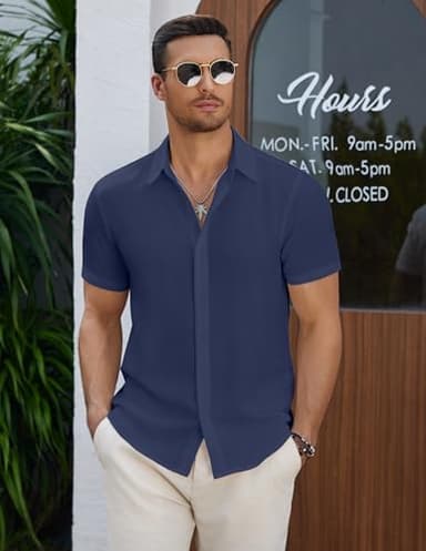 COOFANDY Men's Linen Shirts Short Sleeve Casual Button Down Shirts Summer Beach Resort Slim Fit T-Shirts - Image 3