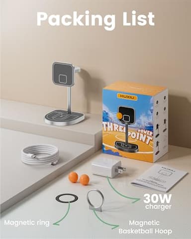 3-Point Power 3 in 1 Charging Station for Apple, KU XIU X85 Aluminum Alloy Magnetic Wireless Charger Stand with Mini Basketball & Hoop for iPhone 16/15/14/13/12, 5W for Apple Watch, AirPods, Gray - Image 7