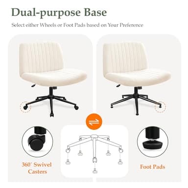 Orange Factory Criss Cross Chair Wheels Wide Cross Legged Office Desk Vanity Dual Base Comfy Fabric Armless Adjustable Swivel for Home Computer Task (Beige) - Image 3