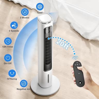 Windowless Portable Air Conditioners, 37’’ Evaporative Air Cooler w/Remote, 2.5L Water Tank & 4 Ice Packs, 12H Timer Auto-off, 70° Oscillating, Quiet Cooling Tower Fan For Bedroom Living Room Office - Image 2