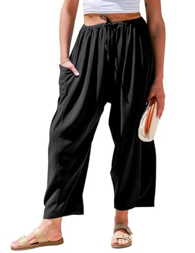 TARSE Womens Linen Wide Leg Pants Casual Loose Drawstring Low Waist Beach Palazzo Harem Pants with Pockets(Black,XXL) - Image 1