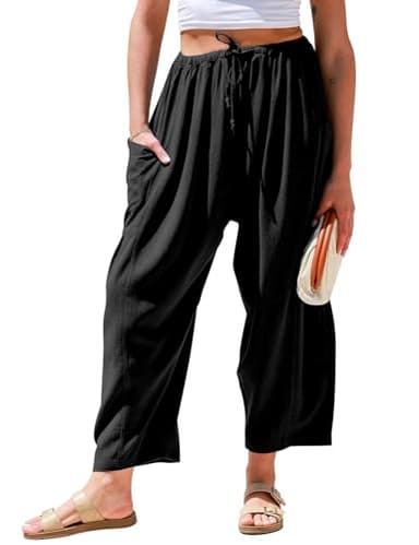 TARSE Womens Linen Wide Leg Pants Casual Loose Drawstring Low Waist Beach Palazzo Harem Pants with Pockets(Black,XXL) - Image 1