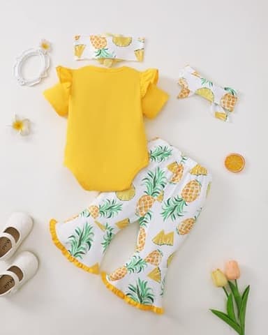 SUNNY PIGGY Newborn Baby Girl Clothes Infant Outfits Romper Floral Fall Outfit Bell Bottoms Pant Sets Hat Headband Flowerpant Yellow 12-18M - Image 3