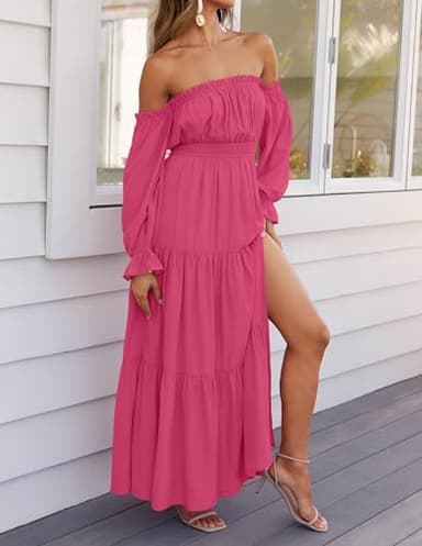 ZESICA Women's 2025 Boho Sexy Off Shoulder Long Sleeve Smocked High Waist Side Split Flowy A Line Tiered Long Maxi Dress,Rose,Medium - Image 7