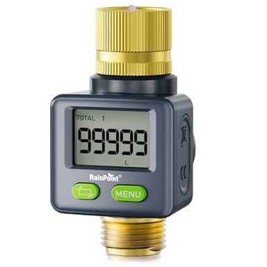 RAINPOINT Water Flow Meter with Brass Inlet & Outlet, 180° Screen-Flip Water Meter, Measure Gallon/Liter Consumption for RV Filling, Garden Watering, Sprinkler and Hoze Nozzle - Image 1