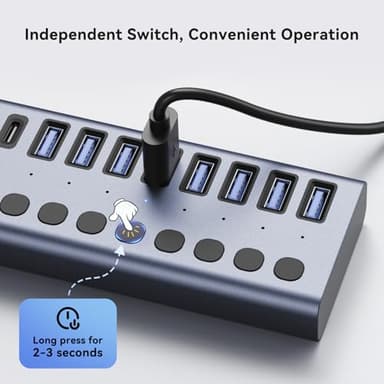 ACASIS 10 Ports 60W USB C 3.2 Hub, 10Gpbs Data Transfer, 20V/3A Power Adapter, Individual On/Off Switches, Aluminum Housing, USB Splitter for PC, Computer, Laptop, Mobile HDD, Flash Drive - Image 6