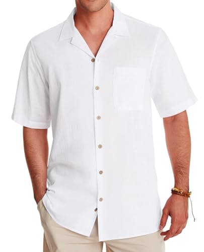 Alimens & Gentle Linen Shirts for Men Camp Short Sleeve Button Down Shirts Cotton Summer Beach Cuban Shirts Vacation Hawaiian Shirts White - Image 1