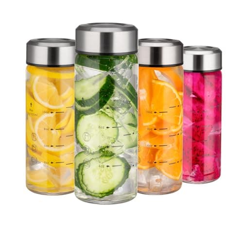 Glass Juice Bottles 12oz - 4 Pack Wide Mouth Water Bottles with Lids for Juicing Reusable Juice Bottles for Smoothie Beverage Storage BPA Free Leakproof Borosilicate
