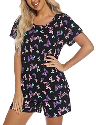 ENJOYNIGHT Womens Pajama Shorts Sets Cotton Pjs Summer Cute Sleepwear with Pockets (Large, Black Flying) - Image 4