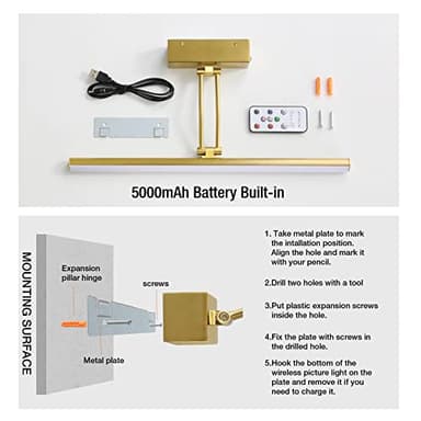 FUNCHDAY Wireless Picture Light,5000mAh Battery Operated Picture Light with Remote, Art Light with Timer,16“ Full Metal Picture Frame Light for Paintings, Gallery,Wall (Brass) - Image 6