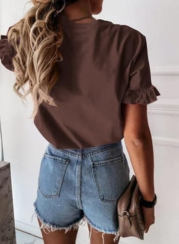 PRETTYGARDEN Women's Short Sleeve Casual T Shirts Summer Ruffle Plain Round Neck Loose Fit Tee Blouse Tops (Coffee,L) - Image 3