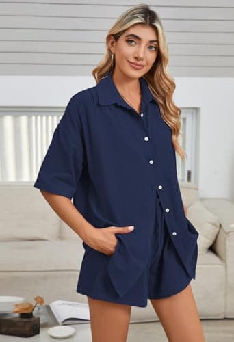Fixmatti Linen Sets For Women 2 Piece Casual Short Sleeve Sweatsuit Outfit Shirt And High Waisted Shorts Set Navy XL - Image 8