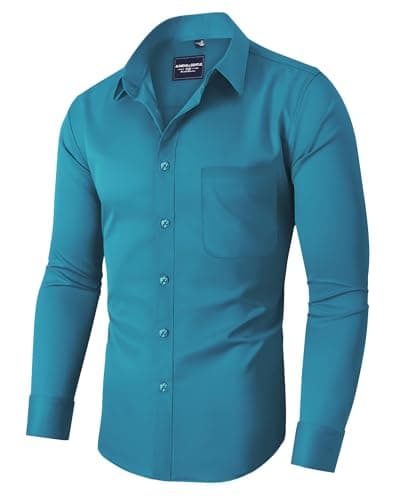 Alimens & Gentle Men's Dress Shirts Long Sleeve Wrinkle-Free Stretch Shirts Solid Formal Button Down Shirt with Pocket Blue Green - Image 1