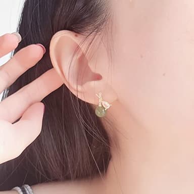 LOOYUUPEE Natural Hetian Jade & Zircon Earrings for Women, Dainty Lucky Green Jade Leaf Charm Pendant Jewelry Studs, Handmade Ear Stud Earrings for Mom Lover Her (925 Sterling Silver with Gold Plated) - Image 5