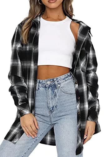 CHYRII Womens Button Down Flannel Shirts Long Sleeve Plaid Shacket Business Casual Tops Black L - Image 1