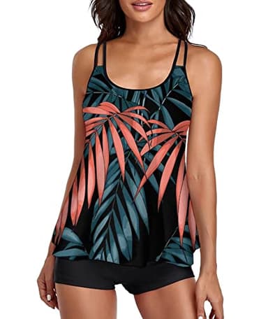 Urchics Womens Gray Tankini Swimsuit Tank Top Two Piece Bathing Suits with Boyshorts Print Leaf XL - Image 1