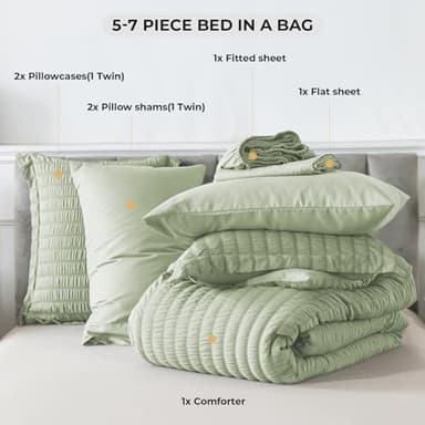 HYLEORY Queen Size Seersucker Comforter Set - 5 Pieces Reversible Comforters Bedding Sets, All Season Bed in a Bag with Comforter, Sheets, Pillowcases & Shams Sage Green - Image 6